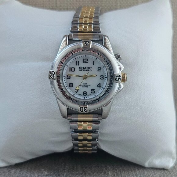 Vintage Sharp OPTI-GLO Ladies Wristwatch Silver Gold Stretched Metal Band Watch